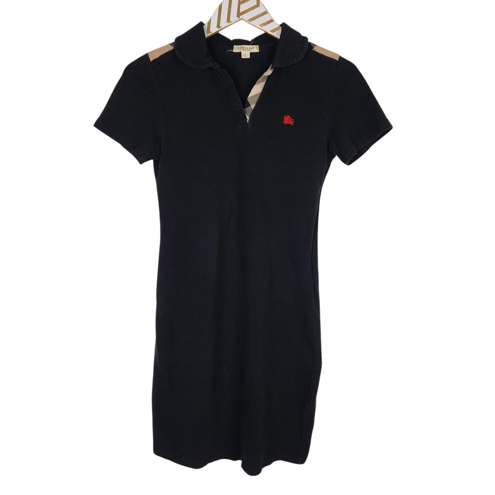 VTG BURBERRY BRIT Dress Womens Large Black Nova Check Polo Shirt Mini Knit
